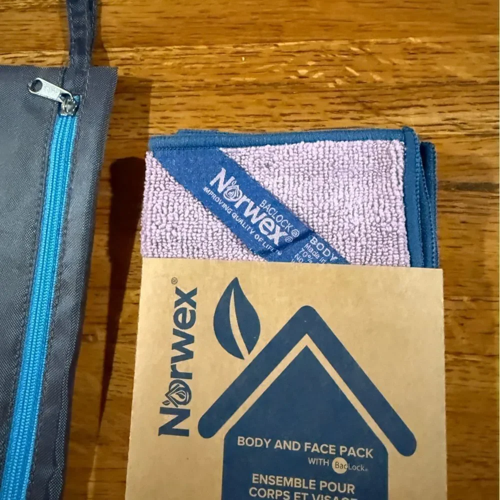 Norwex Small Body and Face Cloths Lavender Set of 3 and Charcoal Wristlet NWT